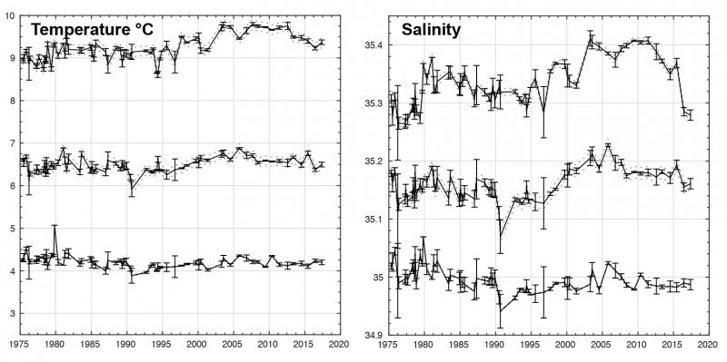 Time series of temperature and salinity in the Rockall Trough