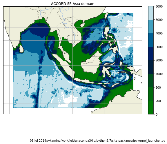 Bathymetry (metres) of the South East Asia domain: A shelf sea junction between the Pacific and Indian Oceans.