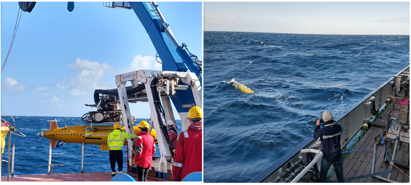 The AutoSUB6000 ready for deployment (on the left) and returning to the ship after a 24h dive (on the right)
