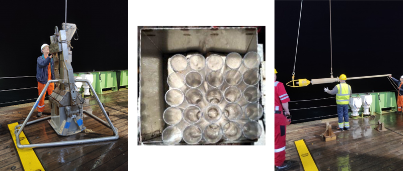 Left, box corer on deck prior to deployment; centre, core liners; right, gravity corer being deployed from RRS James Cook