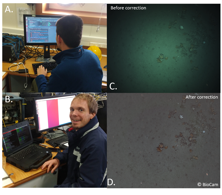 A – Engineer Takaki Yamada working on the algorithms for image processing.<br />B – Engineer Adrian Bodenmann working on the AUV data processing.<br />C – Raw image of the seabed, without any treatment.<br />D – Same image after going through the image treatment. Pictures are from the BioCam team.