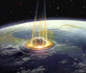 Artist's reconstruction of a major impact event. The collision between Earth and an asteroid a few kilometers in diameter can release as much energy as the detonation of several million nuclear weapons.