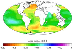 Change in surface ocean pH in response to ocean acidification.