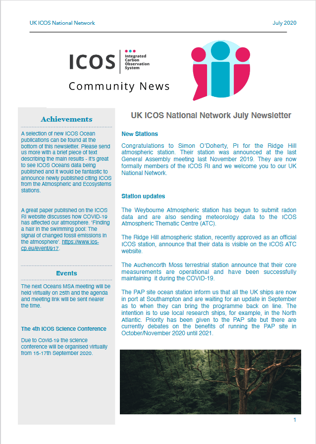 Image of the ICOS-UK Newsletter July 2020 cover
